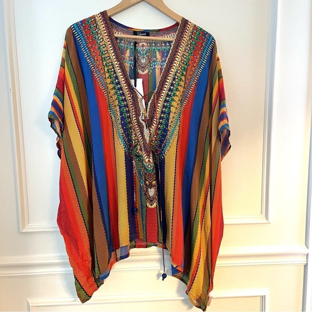 Shahida‎ Parides Embellished 100% Silk Kaftan Multicolor Stripe NWT